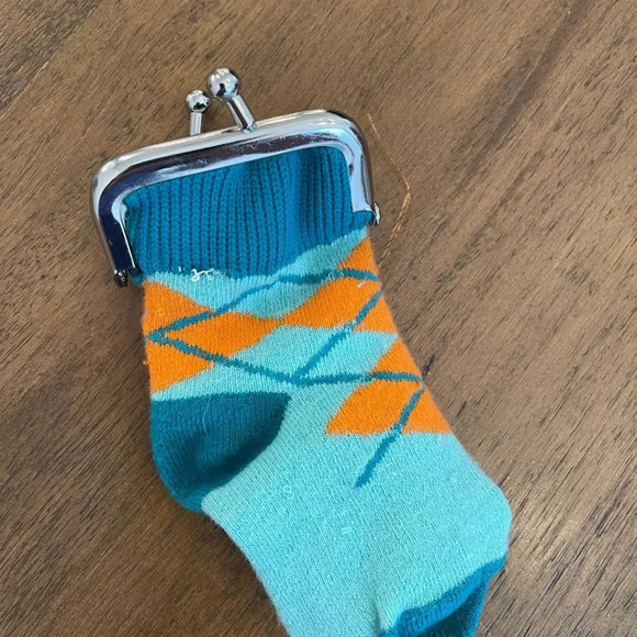 Miniature Baby Sock Change Purse Conversation Piece Blue-green and Orange GUC - Picture 3 of 7